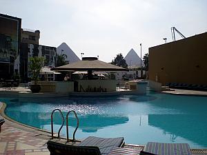 Our hotel's pool area, with the Giza Pyramids in the background!