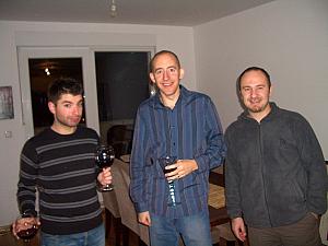 At a party celebrating the end of a Croatian-language lesson class that our friend Elisa is taking. She kindly invited us along. Left to right: our friend Mario, Jay, and Davor - Elisa's husband.