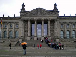 The Reichstag - Germany's parliament building. Waiting in line to take an elevator to the top.