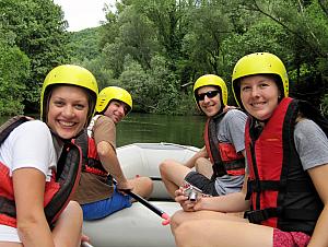 Smiling because we're on the river!