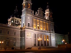 Madrid's Almudena Cathedral - neighboring the Royal Palace. Lit up at night.