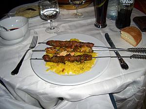 My meal - chicken, lamb and minced meat kabobs. Served on saffron rice. Also very good, but not as superb as Kelly's.