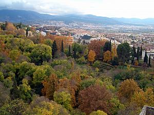 View towards Granada from Alhambra. Lots of colored leaves on the trees, even though it is almost December