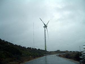 Back on the road in the torrential downpours all day on Saturday. Driving by a giant windmill.