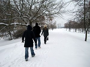 Walking through the snow in a park in Kaunas, Lithuania