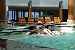 I mentioned the rocky boat ride -- here's Kevin and Kyleen in the indoor pool. The boat is rocking back and forth so much that the water is rolling back and forth by several feet. Here they are out of the water...