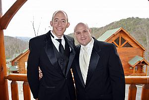 Jay and Keith suited up, at a cabin before the wedding