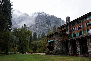 On to day two. We didn't hike during day two, because it rained all day. So, we drove around the valley and visited the fancy Ahwahnee Hotel and a few museums. Here's the courtyard and a mountain view out the back door of the hotel.