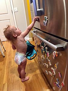 Storing away all the magnets in Mommy's lunchbag.