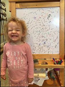 Mom: "Capri, what did you draw?"

Capri: "Lots of birds!" 

Love it! And look at that cheesy face!
